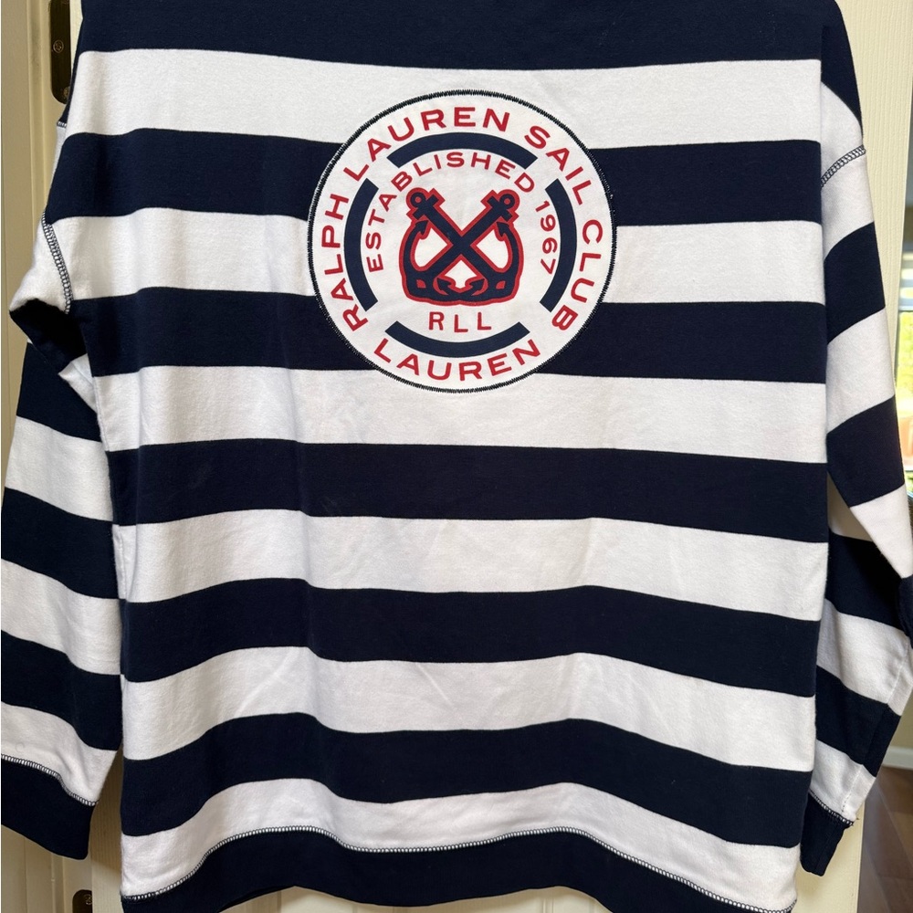 Ralph Lauren Navy and White Striped women’s long Sleeve Cotton Sail Club Shirt